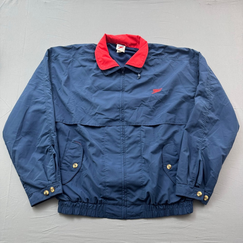 Vintage Speedo Windbreaker Jacket Navy Blue Red‎ Collar Full Zip Mens 1XLT Tall